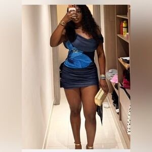 Peppermayo Off Shoulder Ruched Mini Dress Blue Floral Bodycon Size M